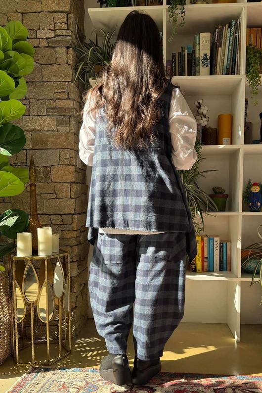 Nora Brushed Cotton Gingham Trapeze Waistcoat Navy